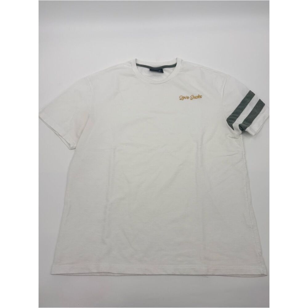 White Crewneck Tee with Green Sleeve Stripes “love sucks” embroidery